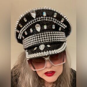 Biker Rocker Hat Sequin & Rhinestone Black & Silver